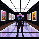 **Metaverse Art Gallery:** A vibrant, futuristic virtual art gallery filled with avatars admiring NFT art pieces. Focus on digital art displays and user interaction in a Russian-themed metaverse environment, perhaps with Cyrillic characters or Russian cultural elements subtly integrated.