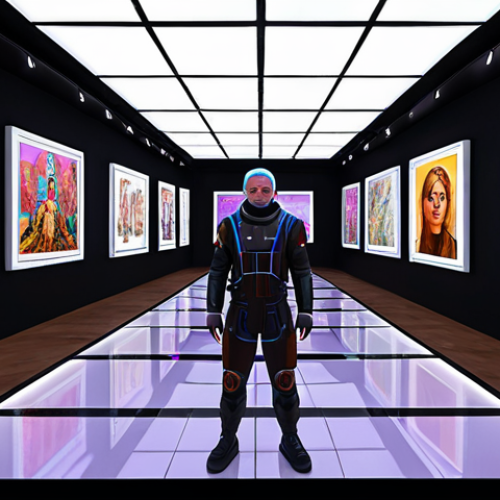 Home 4 **Metaverse Art Gallery:** A vibrant, futuristic virtual art gallery filled with avatars admiring NFT art pieces. Focus on digital art displays and user interaction in a Russian-themed metaverse environment, perhaps with Cyrillic characters or Russian cultural elements subtly integrated.