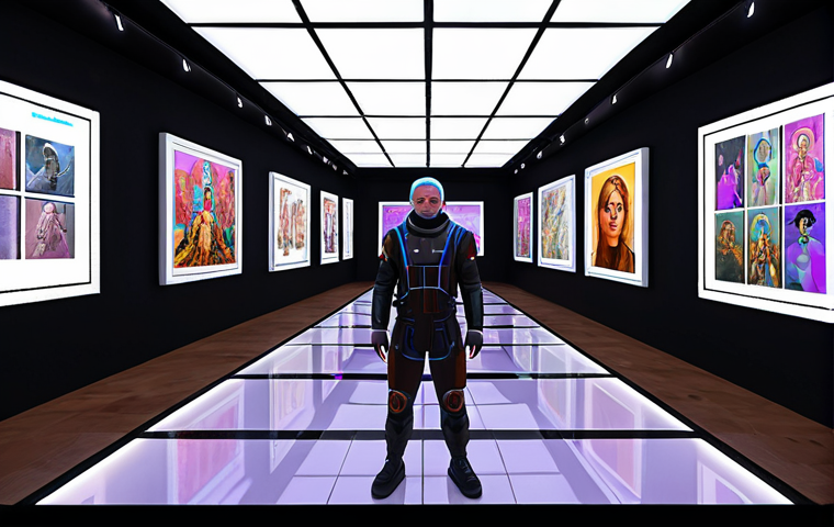 **Metaverse Art Gallery:** A vibrant, futuristic virtual art gallery filled with avatars admiring NFT art pieces. Focus on digital art displays and user interaction in a Russian-themed metaverse environment, perhaps with Cyrillic characters or Russian cultural elements subtly integrated.