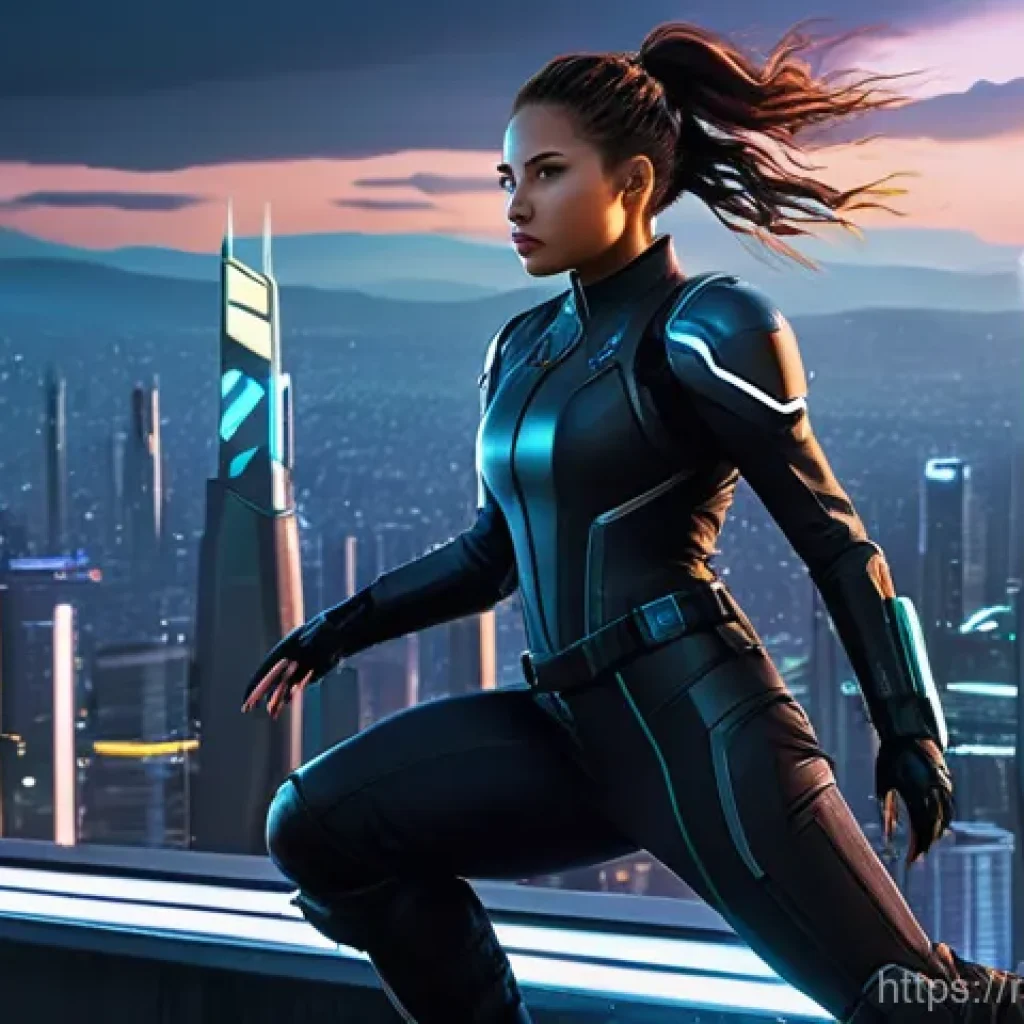 디지털아트 도서 추천 - **Dynamic Sci-Fi Rooftop Chase**
    "A young female agent is in a dynamic, mid-air leap between two...