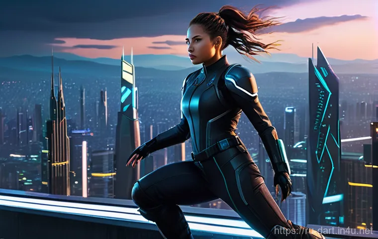 디지털아트 도서 추천 - **Dynamic Sci-Fi Rooftop Chase**
"A young female agent is in a dynamic, mid-air leap between two...