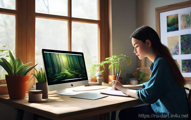 디지털아트 드로잉 기초 - **Digital Artist at Work: Creative Flow**
    A young female digital artist, dressed in comfortable ...