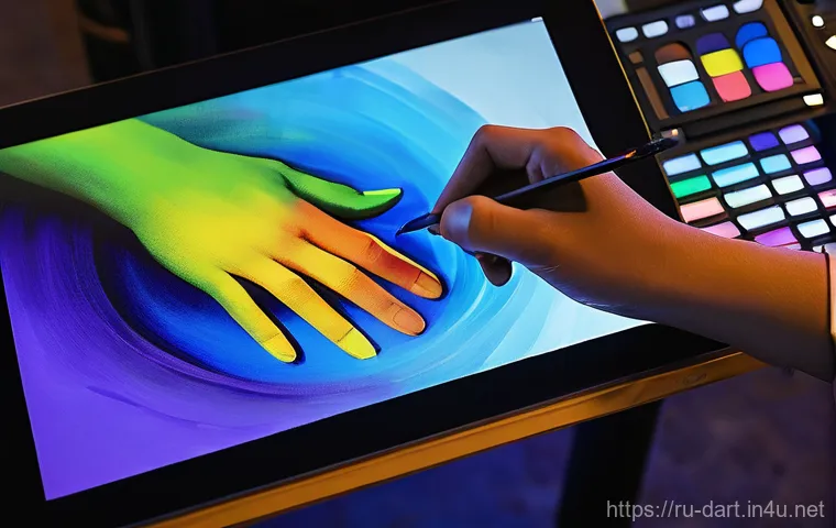 디지털아트 드로잉 기초 - **Digital Artist at Work: Creative Flow**
    A young female digital artist, dressed in comfortable ...