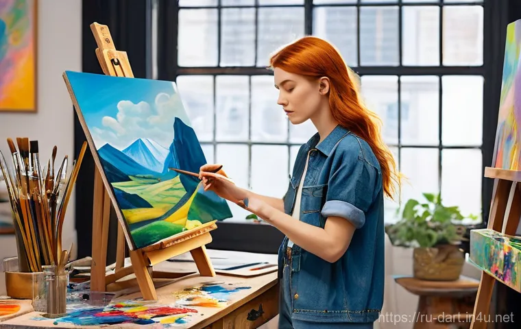 디지털아트 역사 - **Prompt:** A dynamic, multi-faceted scene depicting the evolution of an artist's workspace. On the ...