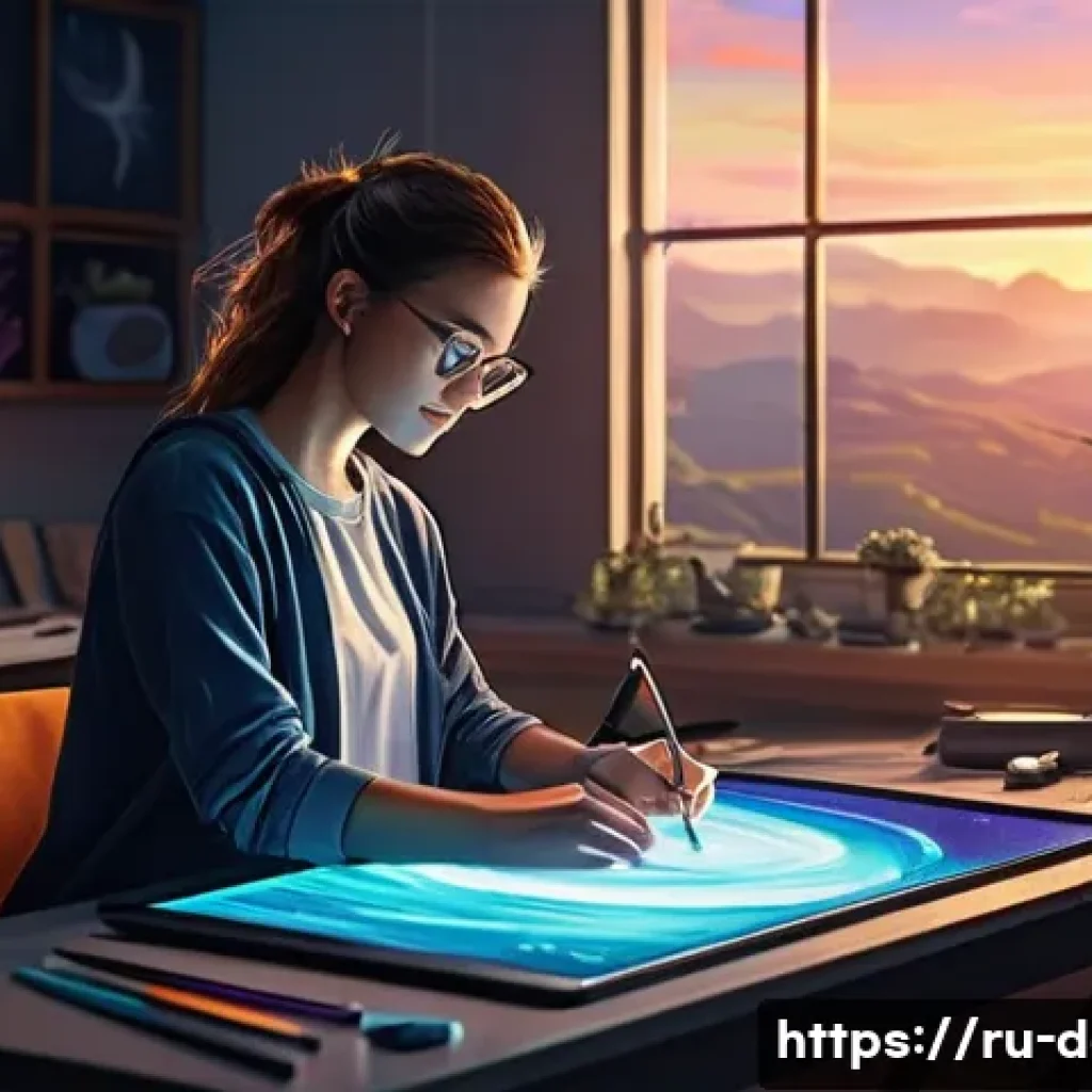 애니메이션과 디지털아트의 관계 - **Prompt for "Digital Brush Brings Worlds to Life"**:
"A talented female digital artist, mid-20s...