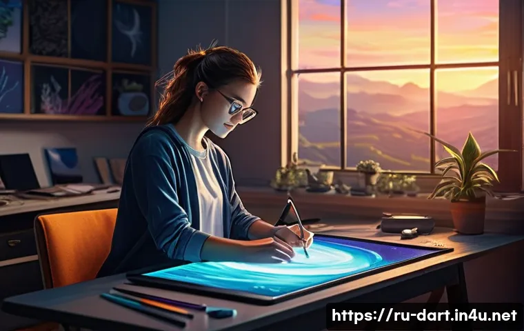 애니메이션과 디지털아트의 관계 - **Prompt for "Digital Brush Brings Worlds to Life"**:
"A talented female digital artist, mid-20s...