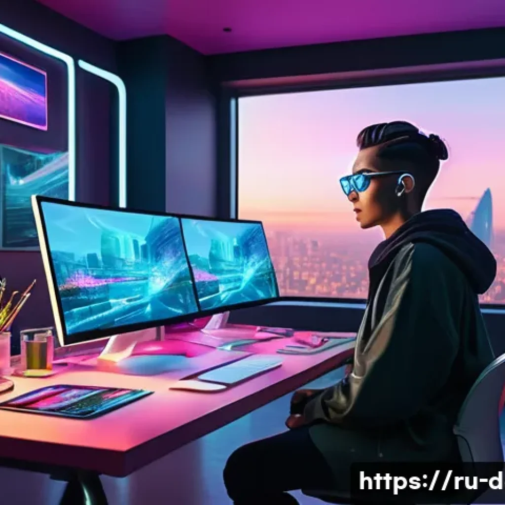 미래 디지털아트 트렌드 전망 - A digital artist’s futuristic workspace filled with multiple holographic screens displaying AI-gener...