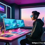 미래 디지털아트 트렌드 전망 - A digital artist&rsquo;s futuristic workspace filled with multiple holographic screens displaying AI-gener...