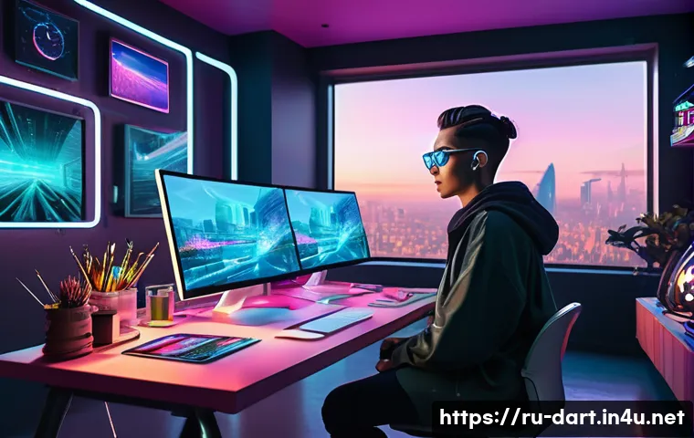미래 디지털아트 트렌드 전망 - A digital artist’s futuristic workspace filled with multiple holographic screens displaying AI-gener...