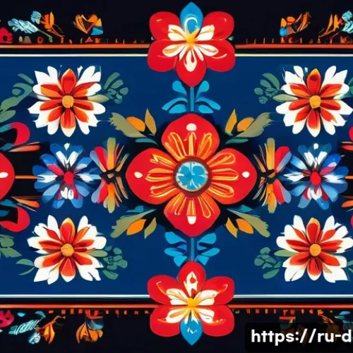 디지털아트 프린트 온 디맨드 활용 - A vibrant digital print design combining traditional Russian folk patterns with modern digital glitc...