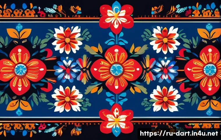 디지털아트 프린트 온 디맨드 활용 - A vibrant digital print design combining traditional Russian folk patterns with modern digital glitc...
