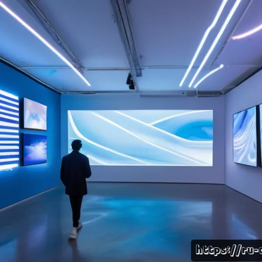 디지털아트 전시회 개최 방법 - A futuristic digital art gallery interior featuring a sleek, modern design with minimalist white wal...
