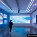 디지털아트 전시회 개최 방법 - A futuristic digital art gallery interior featuring a sleek, modern design with minimalist white wal...