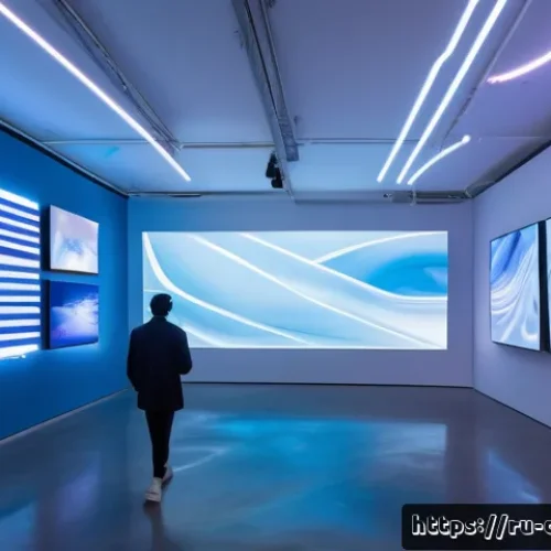 디지털아트 전시회 개최 방법 - A futuristic digital art gallery interior featuring a sleek, modern design with minimalist white wal...