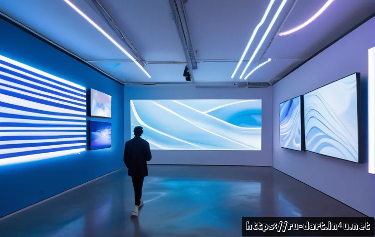 디지털아트 전시회 개최 방법 - A futuristic digital art gallery interior featuring a sleek, modern design with minimalist white wal...