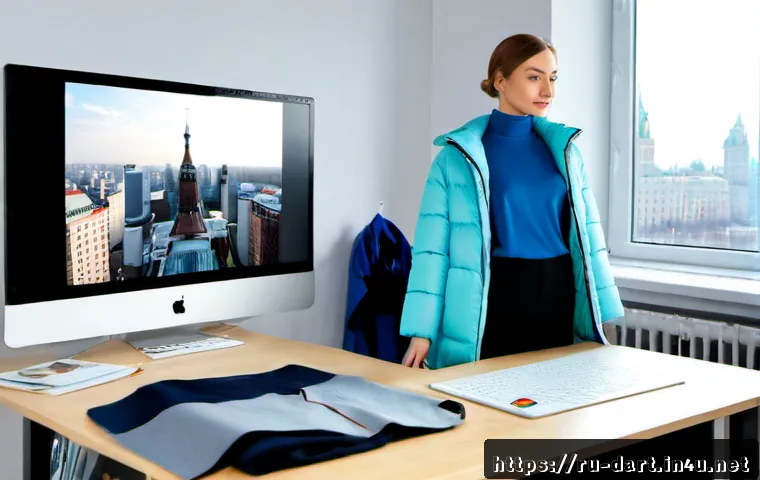 디지털아트 마블러스 디자이너 활용법 - Photorealistic fashion designer in a bright modern Moscow apartment studio, using generic 3D garment...
